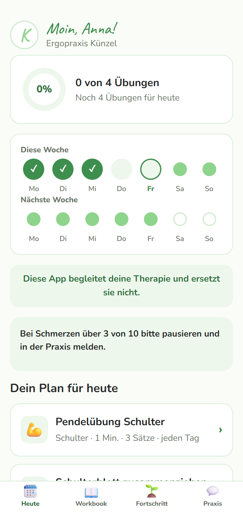 Patienten-App auf dem Handy: „Moin, Anna!“ mit Tagesfortschritt, Wochenübersicht und Übungsplan