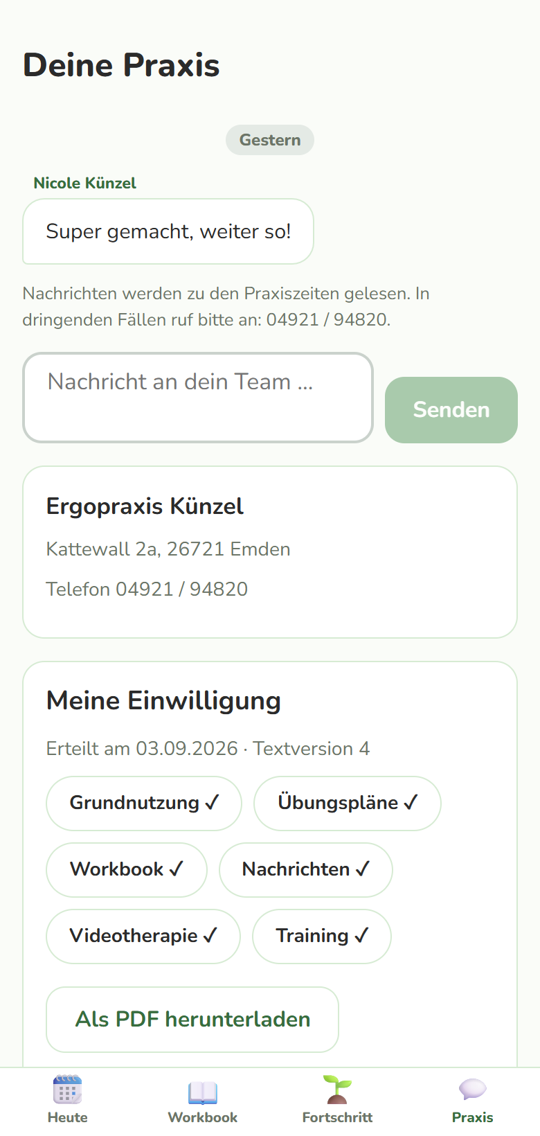 Nachricht der Praxis und Einwilligung in der Patienten-App